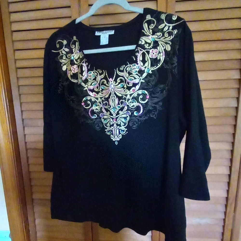 Rebecca Malone Black & Gold Decorated Blouse 3/4 Sleeve SZ 1X